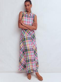 Boden Erma Check Drop Waist Pure Linen Dress, Blue/Multi, Blue/Multi