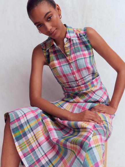 Boden Erma Check Drop Waist Pure Linen Dress, Blue/Multi - view 2, Blue/Multi