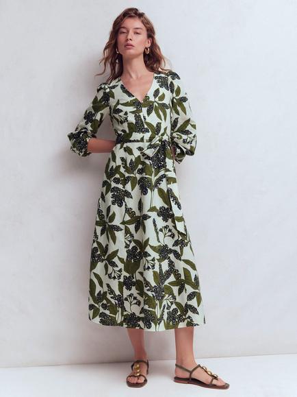 Boden Florence Leopard Floral Linen Rich Dress, Green/Multi, Green/Multi