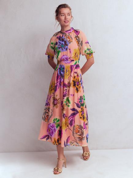 Boden High Neck Floral Blouson Sleeve Dress, Multi, Multi