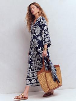 Boden Nell Elegant Blossom Kimono Sleeve Midi Dress containing LENZING™ ECOVERO™ Viscose, Navy/Multi, Navy/Multi