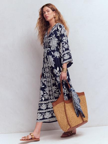Boden Nell Elegant Blossom Kimono Sleeve Midi Dress containing LENZING™ ECOVERO™ Viscose, Navy/Multi, Navy/Multi
