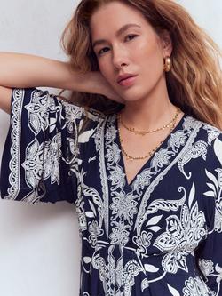 Boden Nell Elegant Blossom Kimono Sleeve Midi Dress containing LENZING™ ECOVERO™ Viscose, Navy/Multi - view 2, Navy/Multi