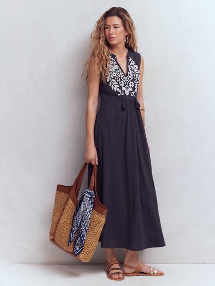 Boden Notch Neck Embroidered Jersey Dress, Navy, Navy