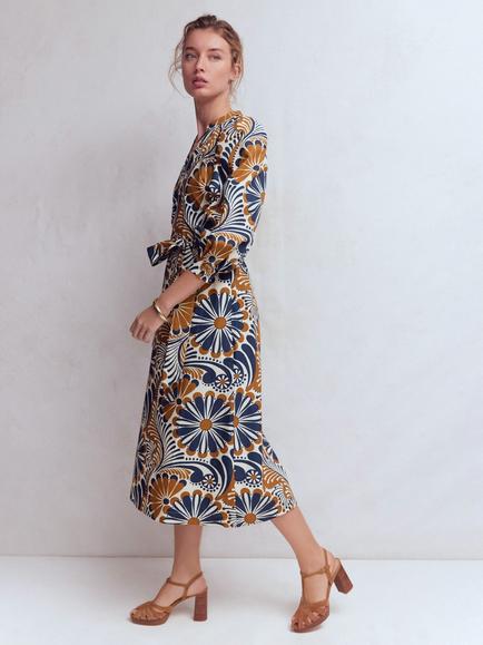 Boden Octavia V-Neck Gardens Dress, Navy/Multi, Navy/Multi