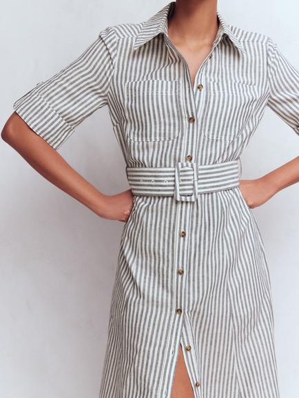 Boden Ora Stripe Linen Rich Shirt Dress, Navy/Ivory - view 2, Navy/Ivory