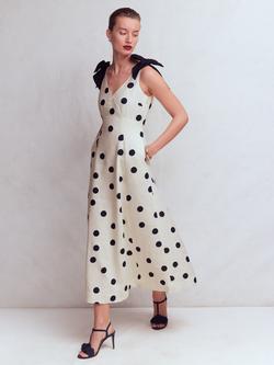 Boden Polka Dot Shoulder Bow Pure Linen Dress, Ivory/Navy, Ivory/Navy