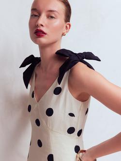 Boden Polka Dot Shoulder Bow Pure Linen Dress, Ivory/Navy - view 2, Ivory/Navy
