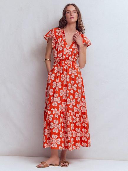 Boden Tala Floral Tiered Jersey Dress, Blood Orange, Blood Orange