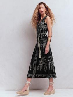 Boden V-Neck Palm Jacquard Midi Dress, Black/Multi - view 2, Black/Multi