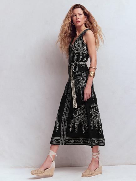 Boden V-Neck Palm Jacquard Midi Dress, Black/Multi - view 2, Black/Multi