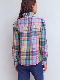 Boden Isabel Check Ruffle Pure Linen Shirt, Multi - view 2, Multi