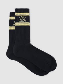 Reiss Maurice Logo Embroidered Ribbed Socks, Navy/Yellow