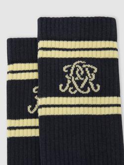 Reiss Maurice Logo Embroidered Ribbed Socks - view 2, Navy/Yellow