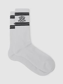 Reiss Maurice Logo Embroidered Ribbed Socks, White/Navy