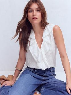 Boden V-Neck Ruffle Sleeveless Top, White - view 2, White