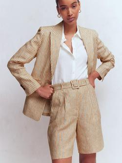 Boden Chelsea Stripe Belted Linen Shorts, Brown/Ivory, Brown/Ivory