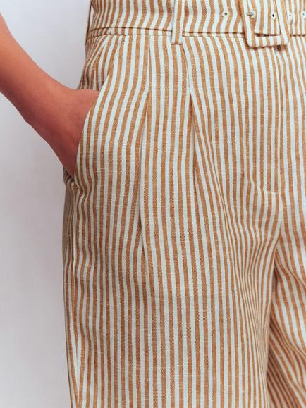 Boden Chelsea Stripe Belted Linen Shorts, Brown/Ivory - view 2, Brown/Ivory