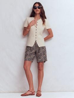 Boden Kensington Cheetah Print Pure Linen Shorts, Almond Milk/Multi, Almond Milk/Multi