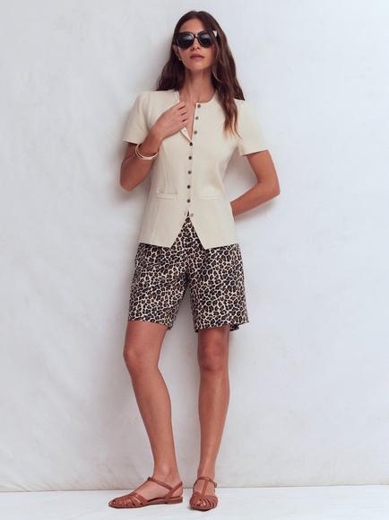 Boden Kensington Cheetah Print Pure Linen Shorts, Almond Milk/Multi, Almond Milk/Multi