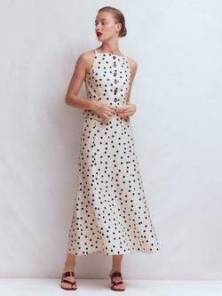 Boden Miriam Painted Dot Panelled Pure Linen Skirt, Ivory/Multi, Ivory/Multi