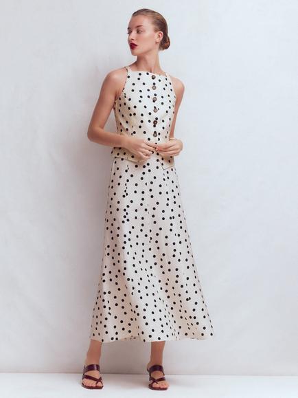 Boden Miriam Painted Dot Panelled Pure Linen Skirt, Ivory/Multi, Ivory/Multi
