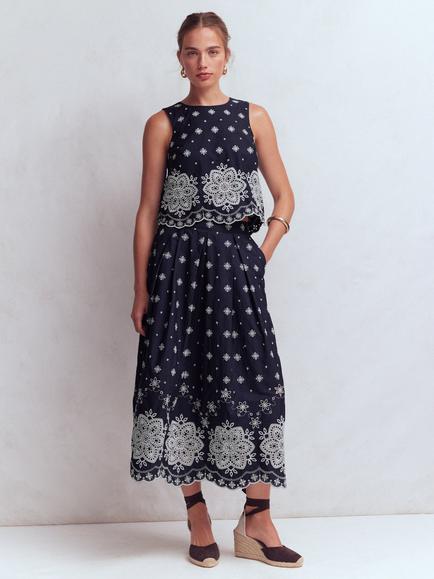 Boden Verity Broderie Scalloped Skirt, Navy, Navy