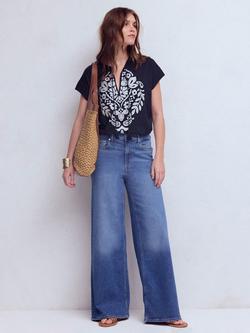 Boden Embroidered Notch T-Shirt, Navy, Navy
