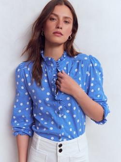 Boden Emily Spot Print Pom Pom Trim Shirt, Mid Blue, Mid Blue