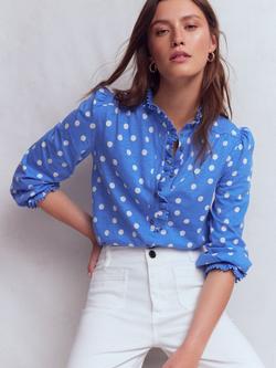 Boden Emily Spot Print Pom Pom Trim Shirt, Mid Blue - view 2, Mid Blue