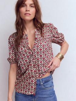 Boden Mya Flower Lattice Puff Sleeve Top, Pink/Multi, Pink/Multi