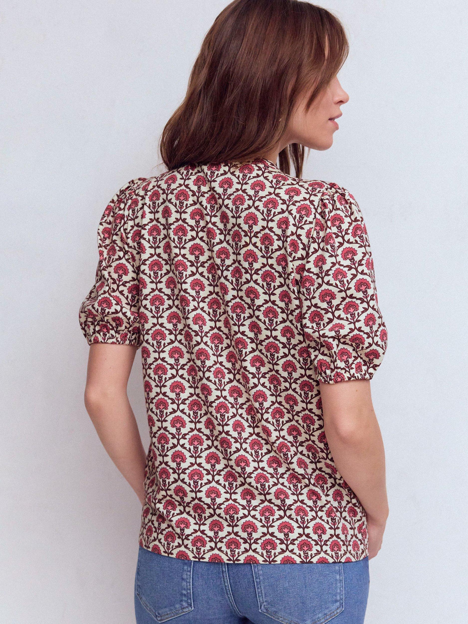 Boden Mya Flower Lattice Puff Sleeve Top, Pink/Multi