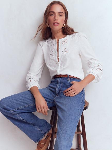 Boden Scallop Cutwork Top, White - view 2, White