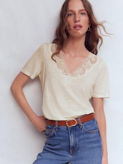 Boden Tara Lace Trim Pure Linen T-Shirt, Coconut Milk, Coconut Milk