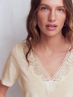 Boden Tara Lace Trim Pure Linen T-Shirt, Coconut Milk - view 2, Coconut Milk