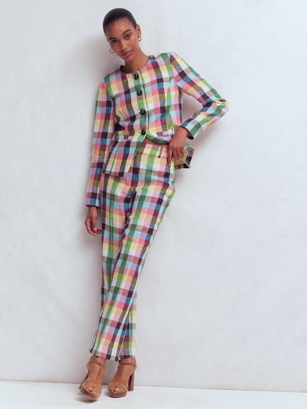Boden Canonbury Linen Trousers, Yellow/Pink, Yellow/Pink