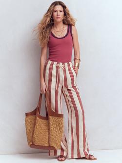 Boden Islington Wide Leg Linen Trousers, Ivory/Brown, Ivory/Brown