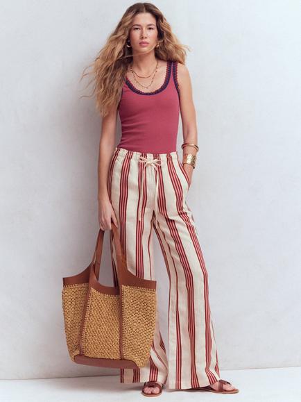 Boden Islington Wide Leg Linen Trousers, Ivory/Brown, Ivory/Brown