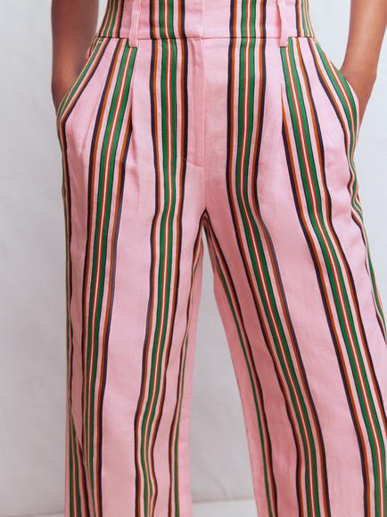 Boden Kensington Wide Leg Linen Trousers, Pink/Green - view 2, Pink/Green