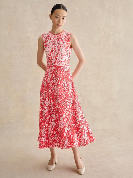 Hobbs Maddie Inverted Floral Midi Dress, Red/Ivory, Red/Ivory