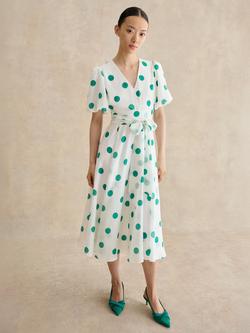 Hobbs Petite Barrington Polka Dot Midi Dress, Ivory/Green, Ivory/Green