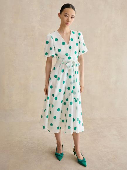 Hobbs Petite Barrington Polka Dot Midi Dress, Ivory/Green, Ivory/Green