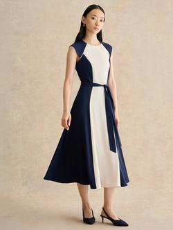 Hobbs Petite Andrea Colour Block Midi Dress, Navy/Cream, Navy/Cream