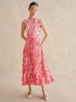 Hobbs Petite Maddie Inverted Floral Midi Dress, Red/Ivory, Red/Ivory