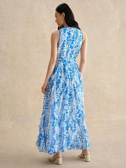 Hobbs Petite Taryn Floral Ruffle Maxi Dress, Ivory/Blue - view 2, Ivory/Blue