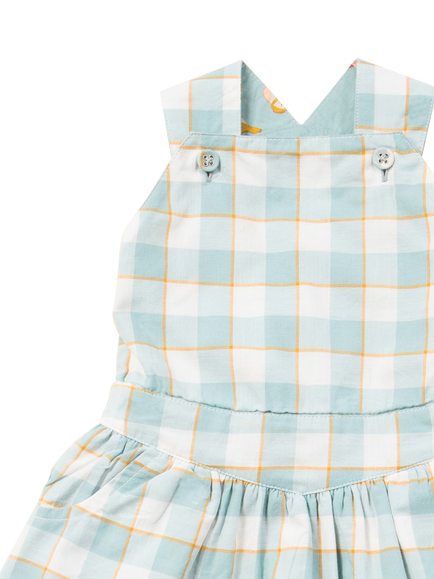 Little Green Radicals Kids' Check Print Pinafore Dress, Blue - view 2, Blue
