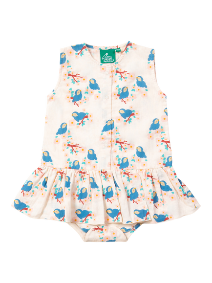 Little Green Radicals Baby Bluebirds Button Ruffle Romper, Cream, Cream