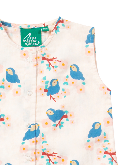 Little Green Radicals Baby Bluebirds Button Ruffle Romper, Cream - view 2, Cream