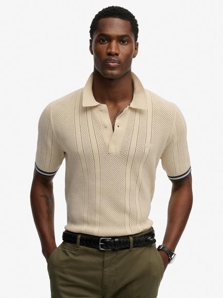 Superdry Knit Texture Cotton Short Sleeve Polo Shirt, Oatmeal Beige