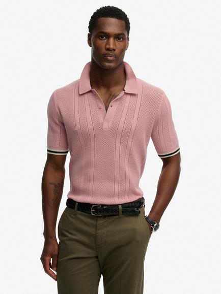 Superdry Knit Texture Cotton Short Sleeve Polo Shirt, Grey Pink
